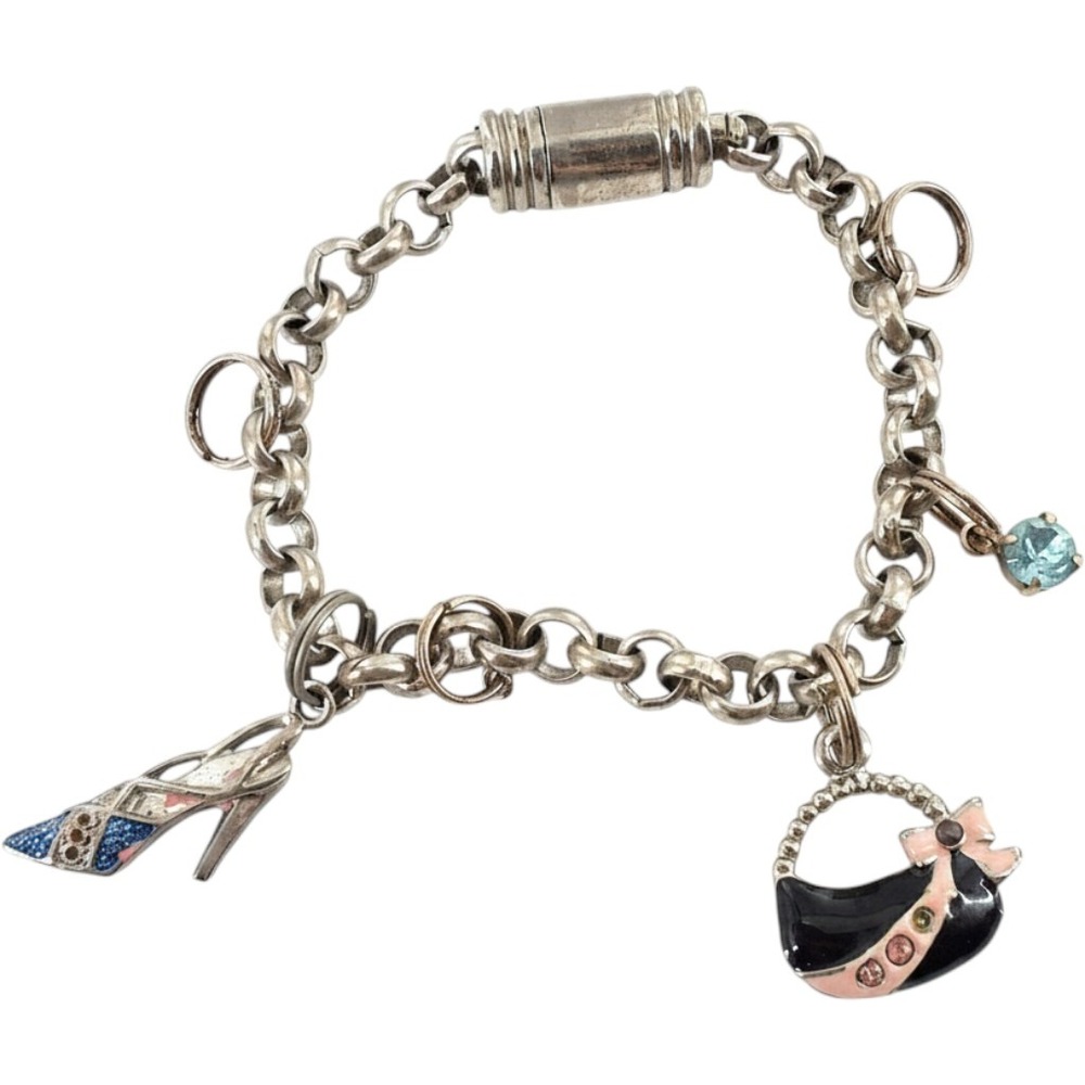 Silver Tone‎ Charm Bracelet Enameled Handbag High Heel Shoe Crystal Y2K